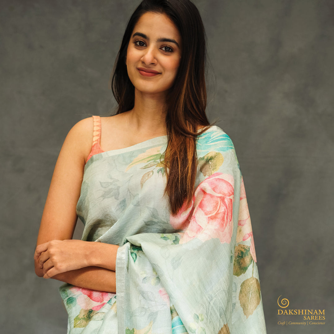 Handwoven Sage green Banarasi Tussar Silk Saree- 2786N027008DSC