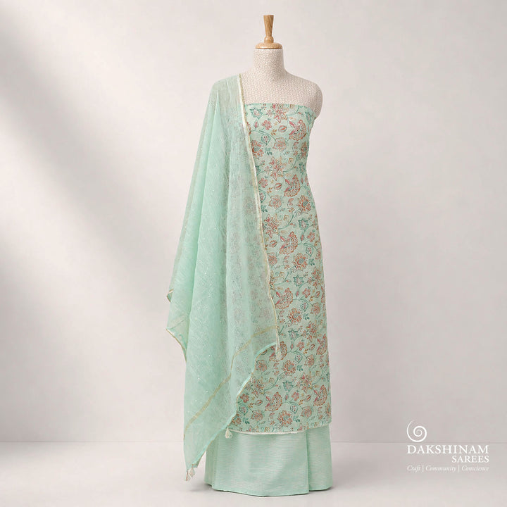 Light Green Floral Printed Pure Cotton 3 Piece Suit Set with Kota Dupatta 7N037121DSC