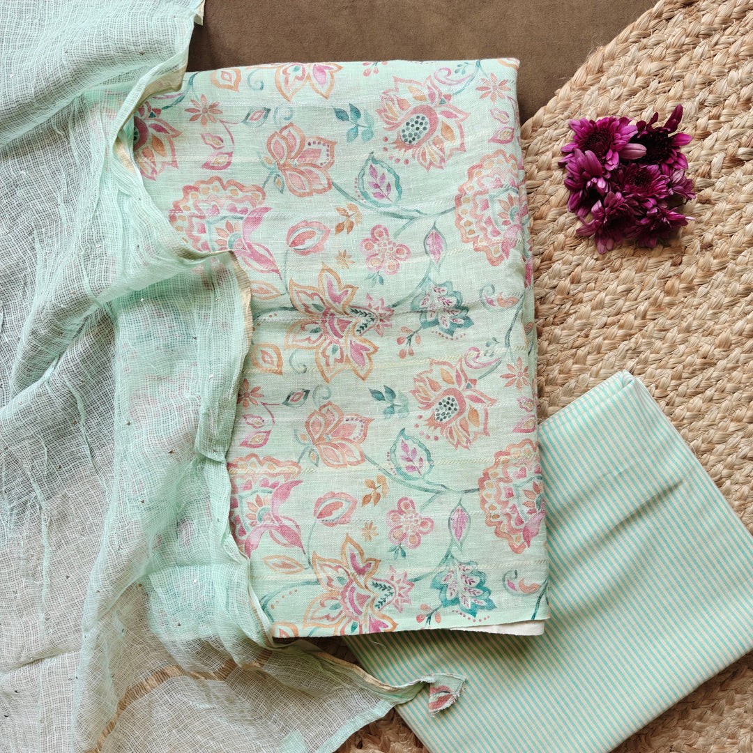 Light Green Floral Printed Pure Cotton 3 Piece Suit Set with Kota Dupatta 7N037121DSC