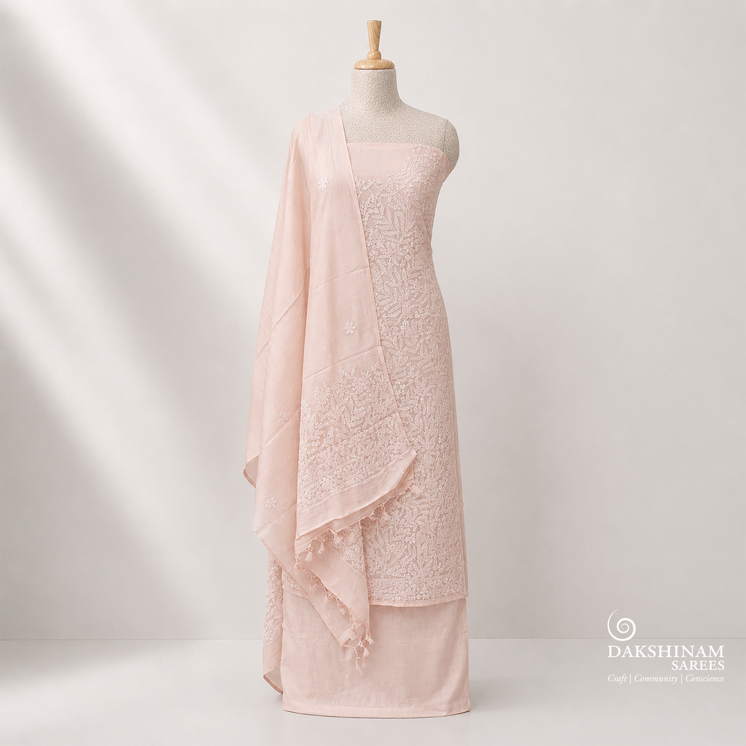 Beige Tussar silk 3-piece suit set with hand embroidered Chikankari floral work and matching dupatta