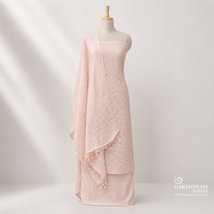 Beige Tussar silk 3-piece suit set with hand embroidered Chikankari floral work and matching dupatta