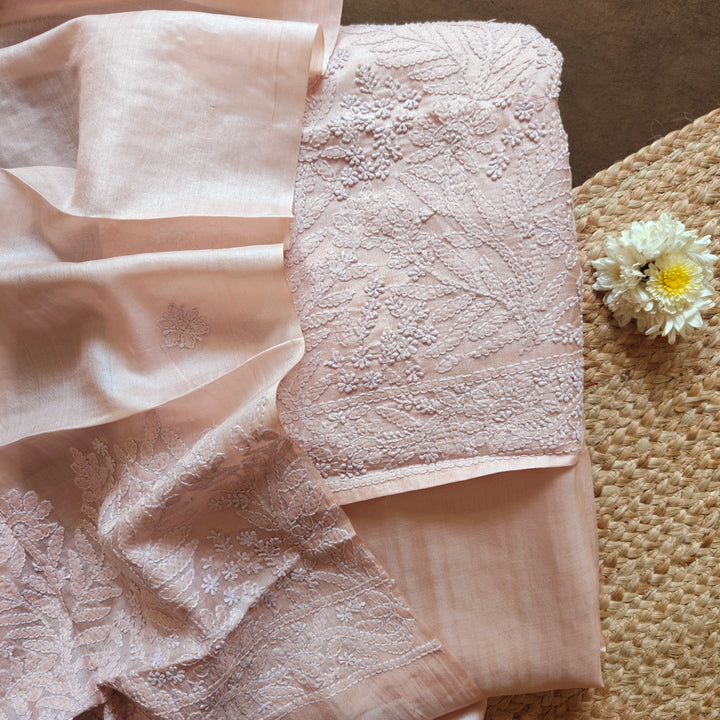 Beige Tussar silk 3-piece suit set with hand embroidered Chikankari floral work and matching dupatta