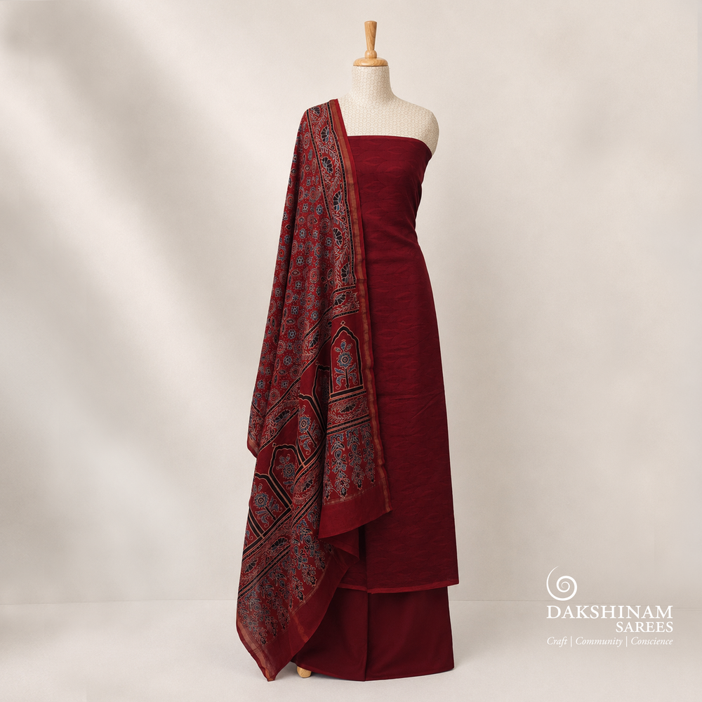 Maroon Chanderi silk cotton 3-piece suit set with self design top and Ajrakh printed dupatta
