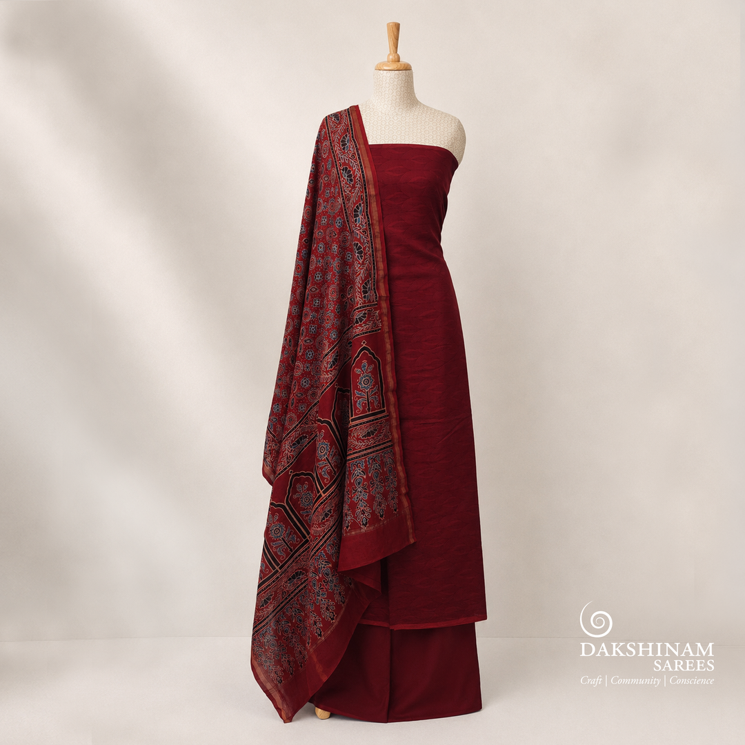 Maroon Chanderi silk cotton 3-piece suit set with self design top and Ajrakh printed dupatta