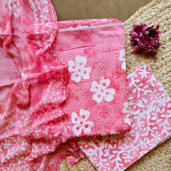 Light Pink Shibori Floral Printed Pure Cotton 3 Piece Suit Set with Chiffon Dupatta 8N045334DSC