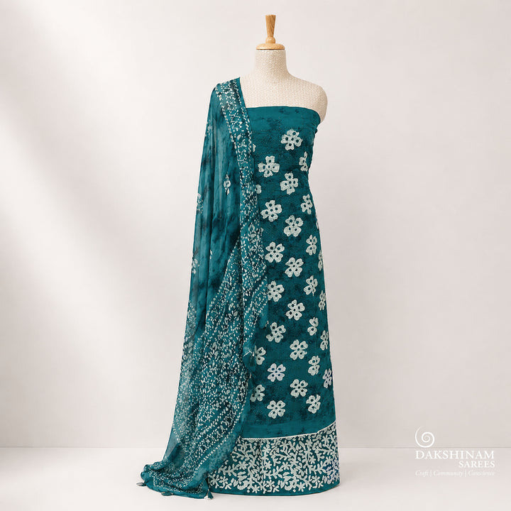 Peacock Green Shibori Floral Printed Pure Cotton 3 Piece Suit Set with Chiffon Dupatta 9N045335DSC