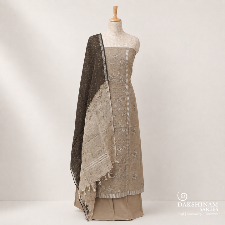 Beige linen 3-piece suit set with floral embroidery, plain bottom and linen dupatta in black and beige