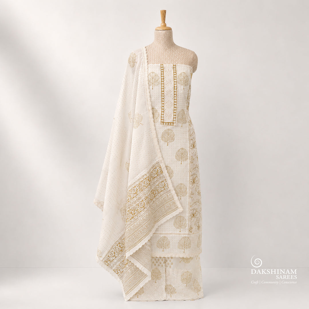 White Printed Pure Cotton 3 Piece Suit Set with Hacoba Work and Embroidered Dupatta 10N045942DSC