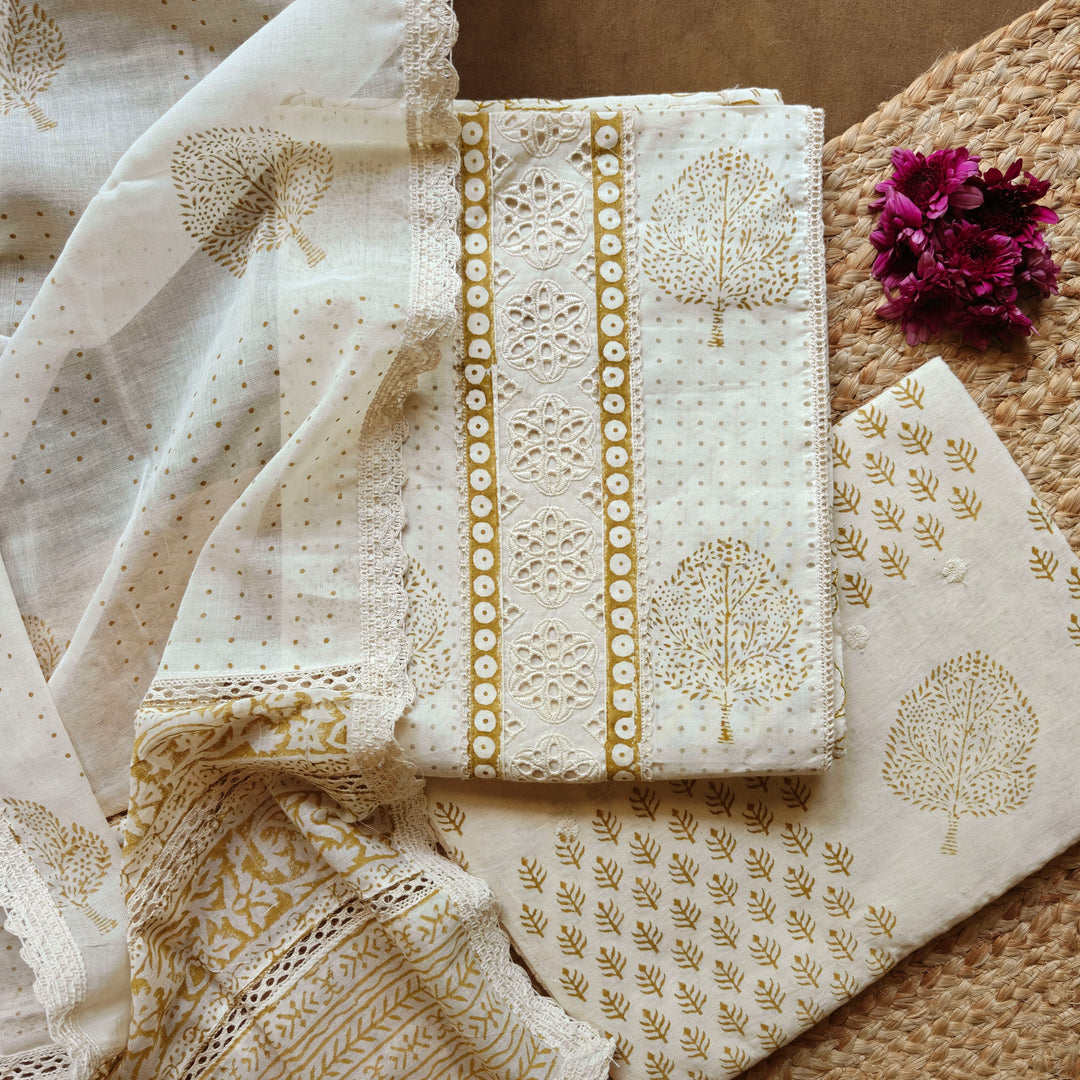White Printed Pure Cotton 3 Piece Suit Set with Hacoba Work and Embroidered Dupatta 10N045942DSC
