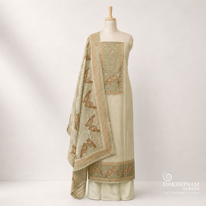 Beige & Mustard Yellow Bird Printed Pure Cotton 3 Piece Suit Set with Applique Work 4N046052DSC