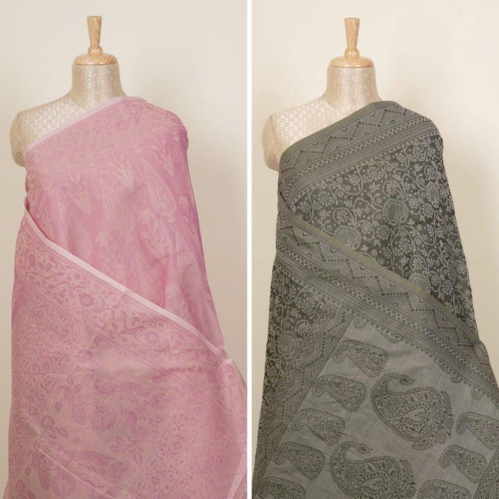 Curated Pair – Handwoven Pink and Grey South Cotton Saree