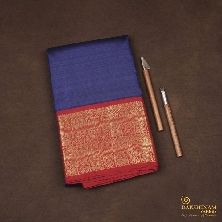 Handwoven Blue with Red Kanjivaram Silk Saree - 2321T005895DSC