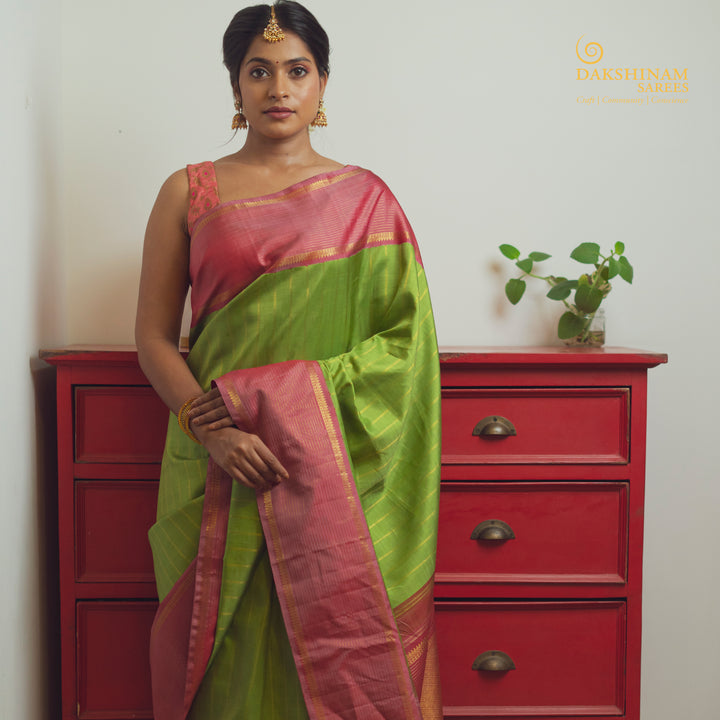 Handwoven Green with Pink Kanjivaram Silk Saree - 2461T011384DSC