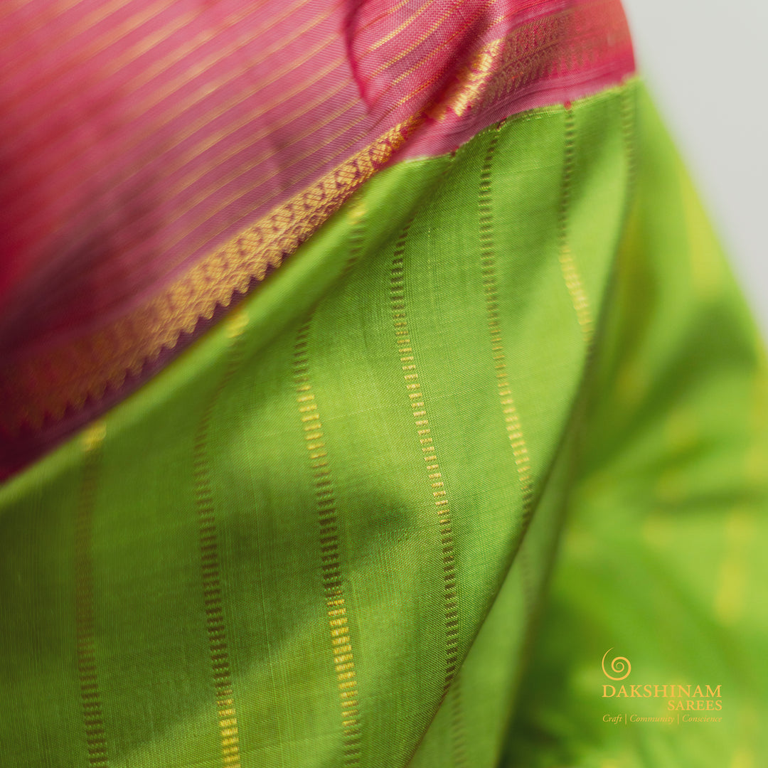 Handwoven Green with Pink Kanjivaram Silk Saree - 2461T011384DSC