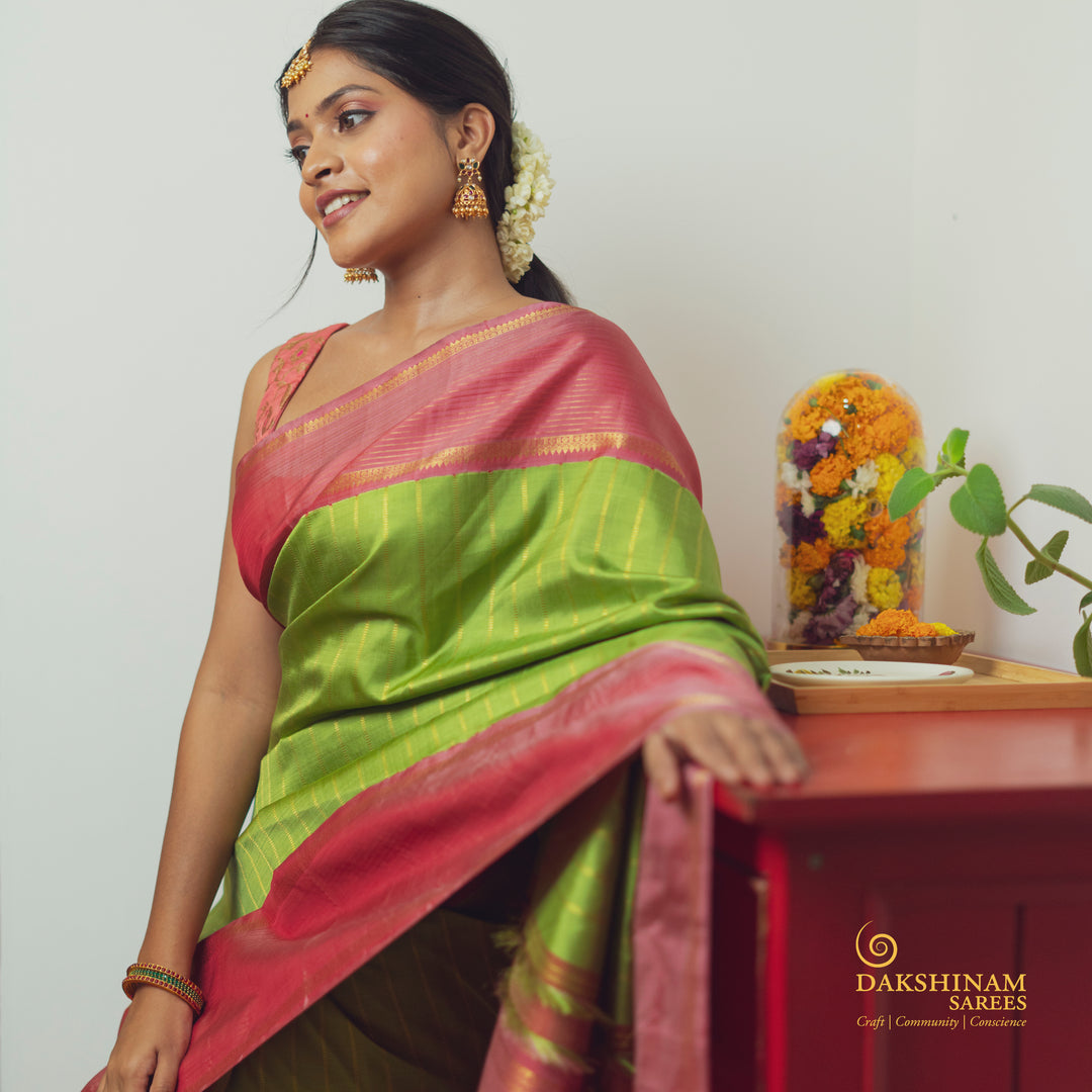 Handwoven Green with Pink Kanjivaram Silk Saree - 2461T011384DSC