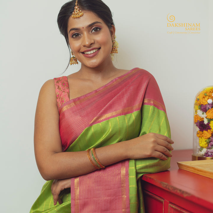 Handwoven Green with Pink Kanjivaram Silk Saree - 2461T011384DSC