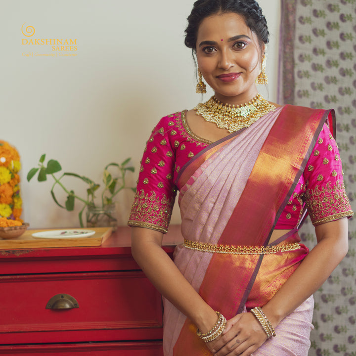 Handwoven Pink Kanjivaram Silk Saree - 2462T012267DSC