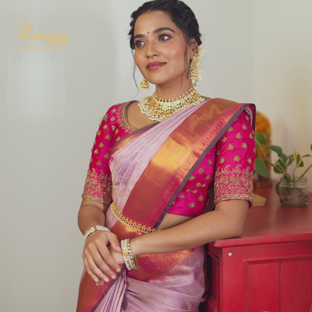 Handwoven Pink Kanjivaram Silk Saree - 2462T012267DSC