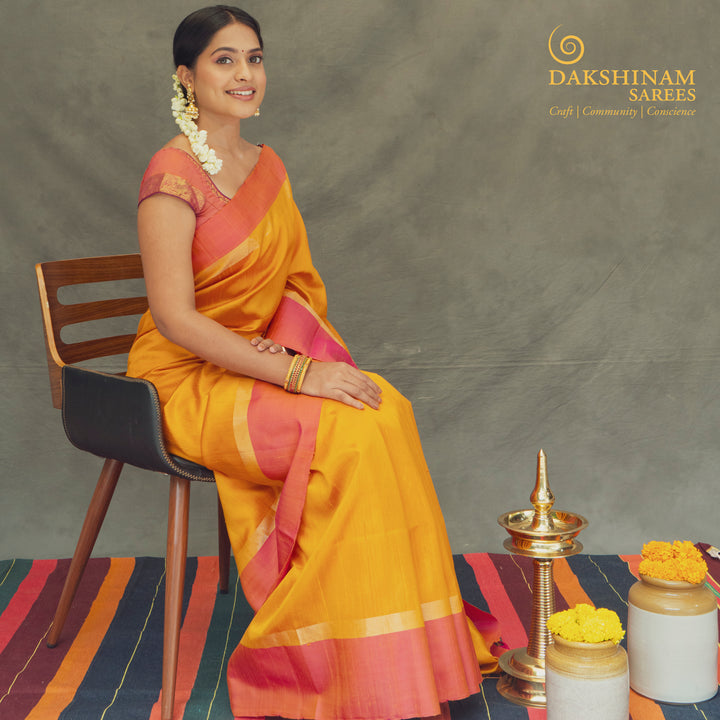 Handwoven Yellow with Orange Dupion Soft Silk Saree - 2460T012372DSC