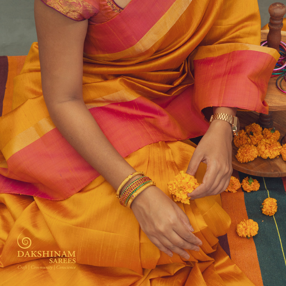 Handwoven Yellow with Orange Dupion Soft Silk Saree - 2460T012372DSC