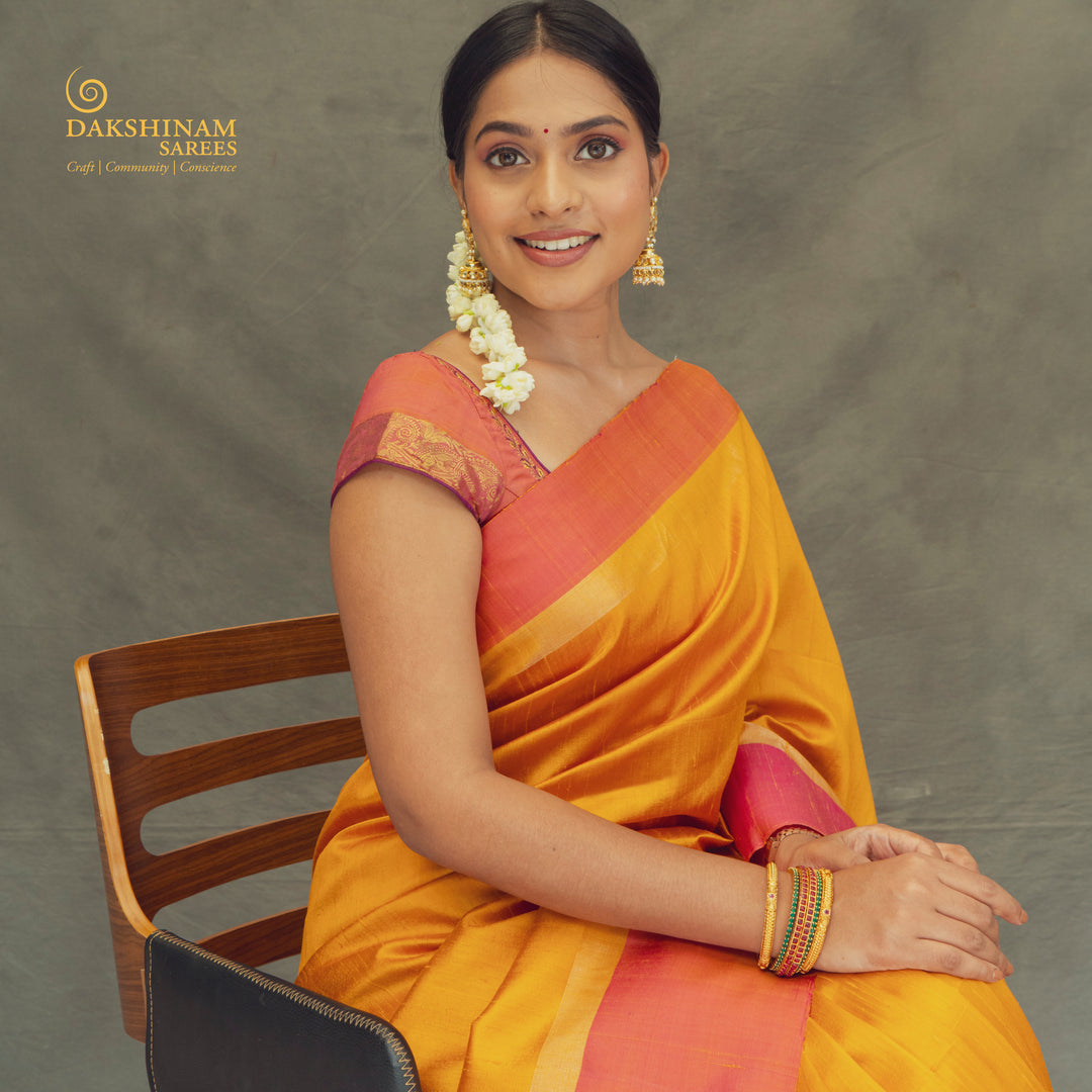 Handwoven Yellow with Orange Dupion Soft Silk Saree - 2460T012372DSC