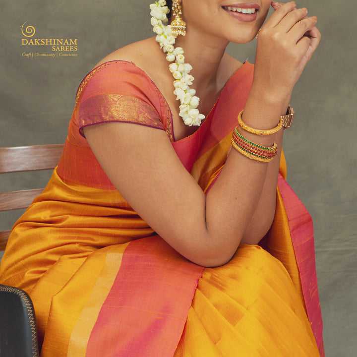 Handwoven Yellow with Orange Dupion Soft Silk Saree - 2460T012372DSC
