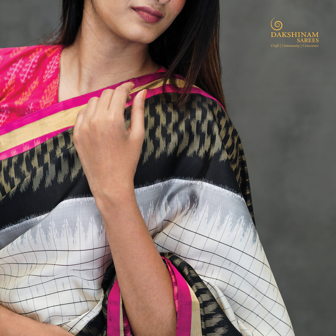 Closeup of Handwoven Soft Silk Ikat saree