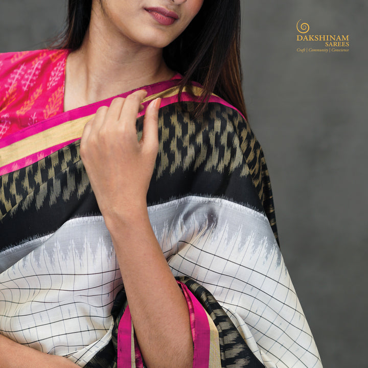 Closeup of Handwoven Soft Silk Ikat saree