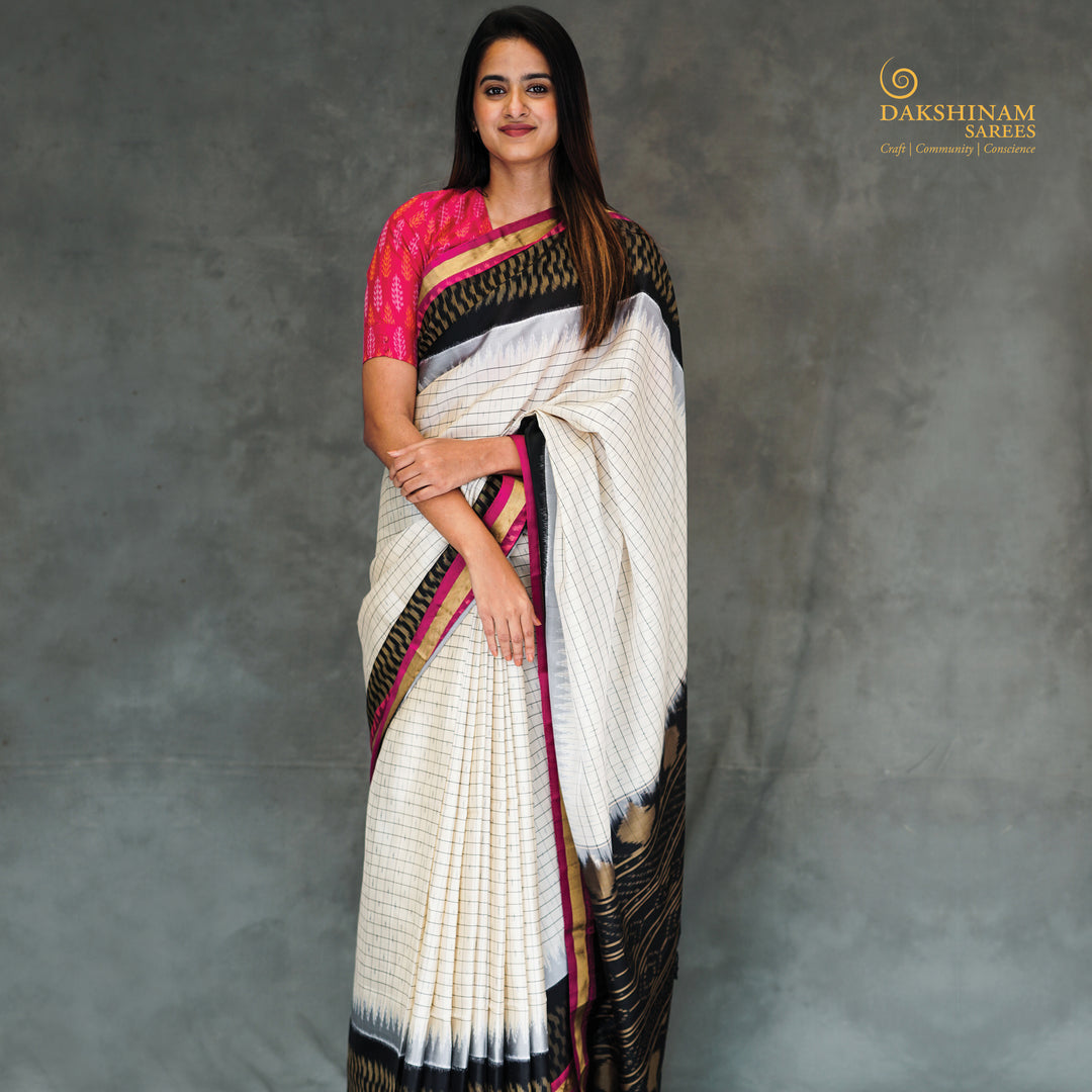 Handwoven White with black and pink Soft Silk Saree- 2788T012930DSC