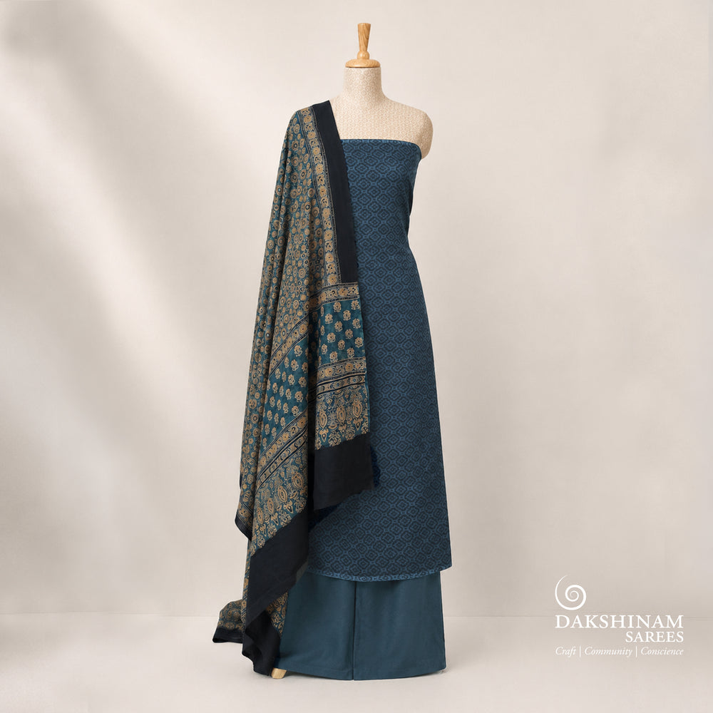 Blue Chanderi silk cotton 3-piece suit set with self design top and Ajrakh printed dupatta