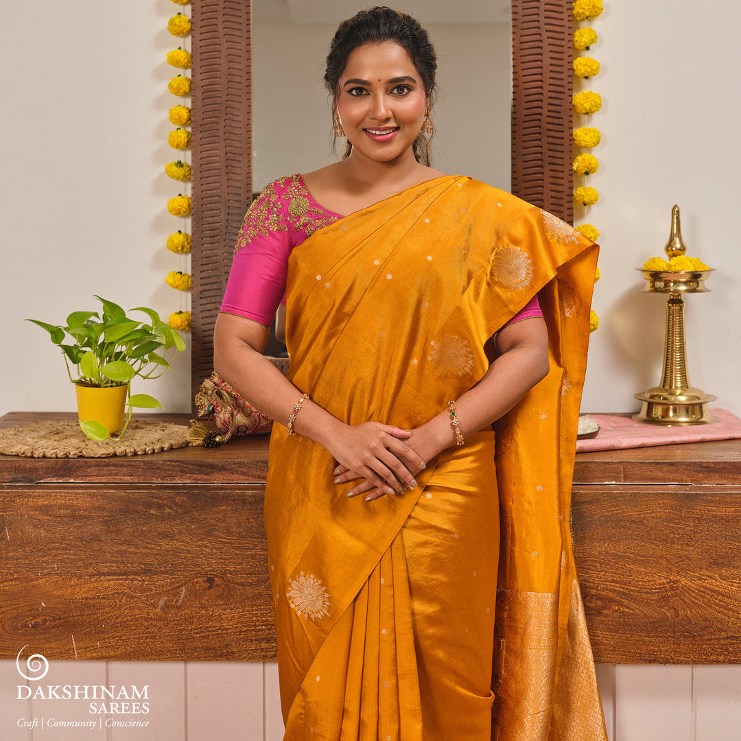 Handwoven Yellow Banarasi satin silk Saree- 3246T015718DSC