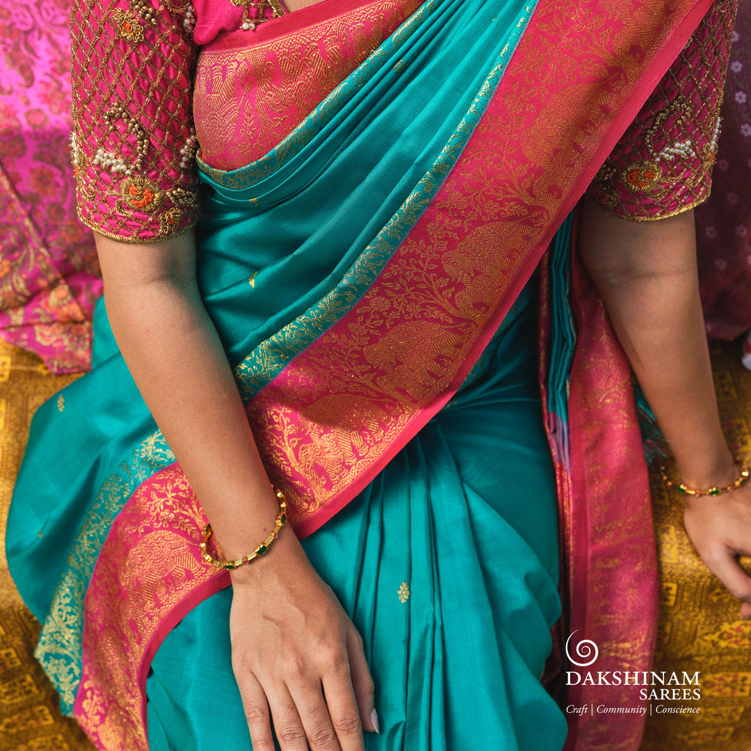 Handwoven Blue with Pink Korvai Kanjivaram silk Saree- 3244T015818DSC