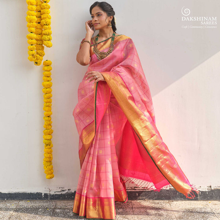Light Pink Kora Kanjivaram Silk Saree with Dark Pink Korvai Border 3321T015824DSC