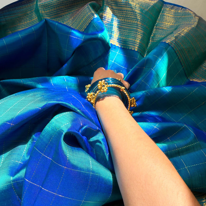 Peacock Blue Kanjivaram Silk Saree with Checks & Zari