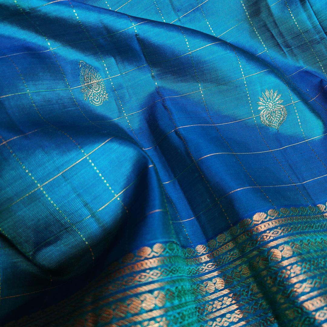 Peacock Blue Kanjivaram Silk Saree with Checks & Zari