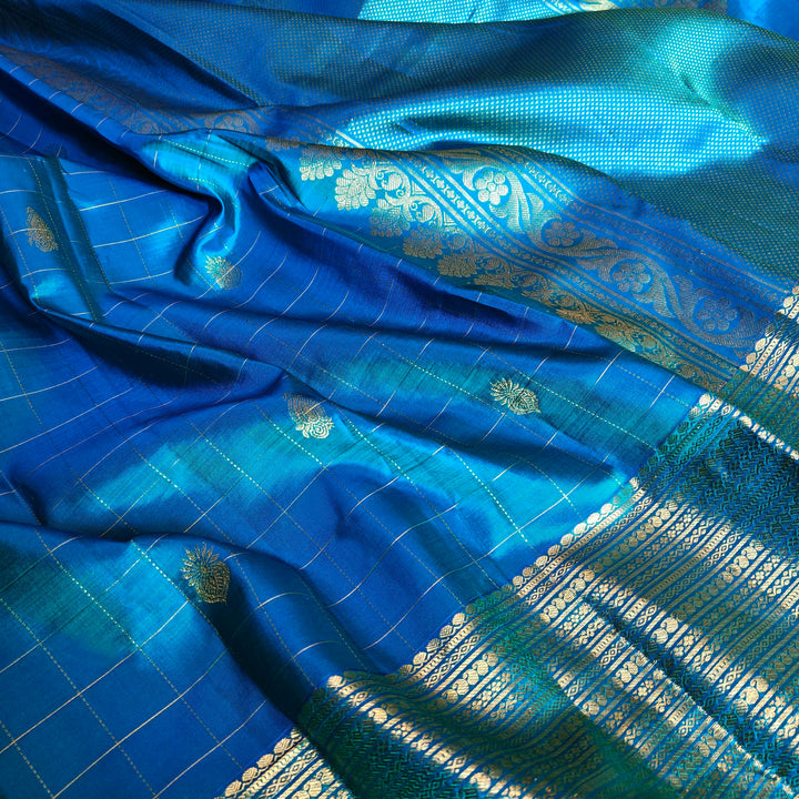 Peacock Blue Kanjivaram Silk Saree with Checks & Zari