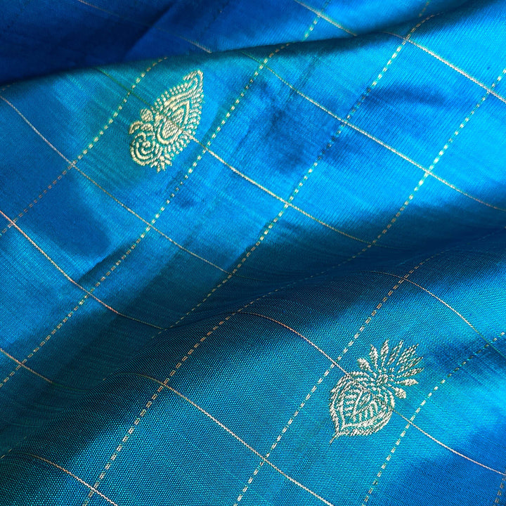 Peacock Blue Kanjivaram Silk Saree with Checks & Zari