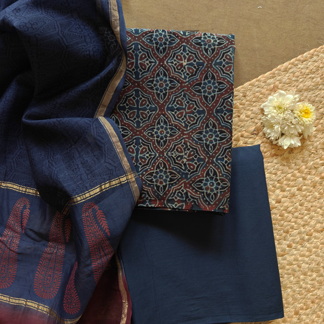 Blue Ajrakh printed cotton 3-piece suit set with star motifs, plain blue bottom and Chanderi floral dupatta