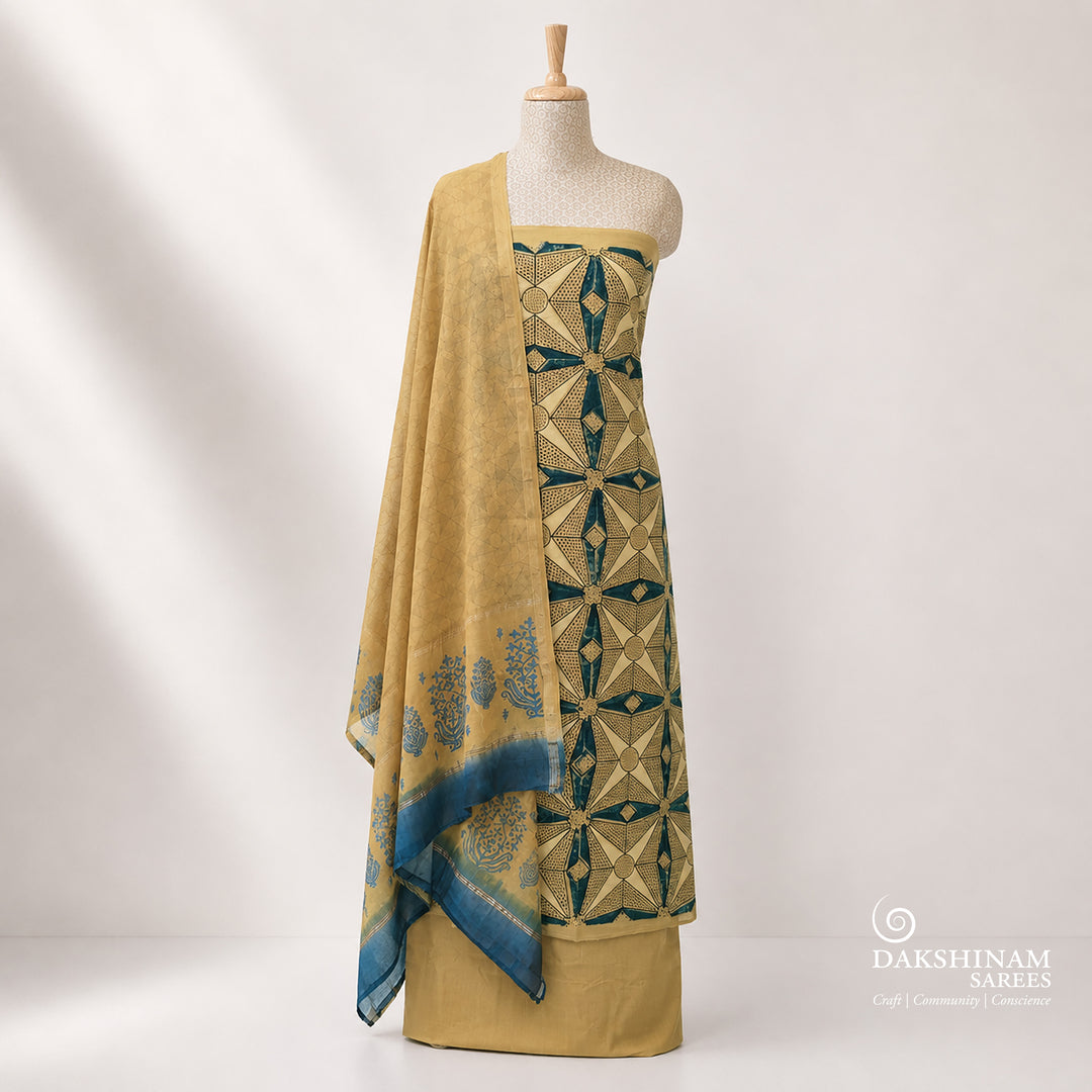 Yellow Ajrakh printed cotton 3-piece suit set with star motifs, plain yellow bottom and Chanderi floral dupatta
