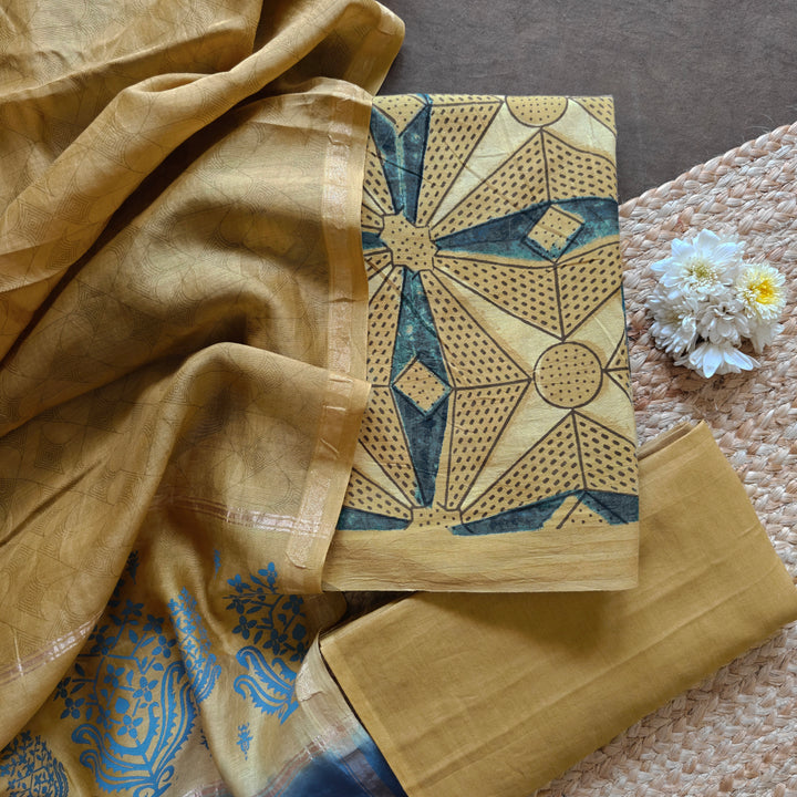 Yellow Ajrakh printed cotton 3-piece suit set with star motifs, plain yellow bottom and Chanderi floral dupatta