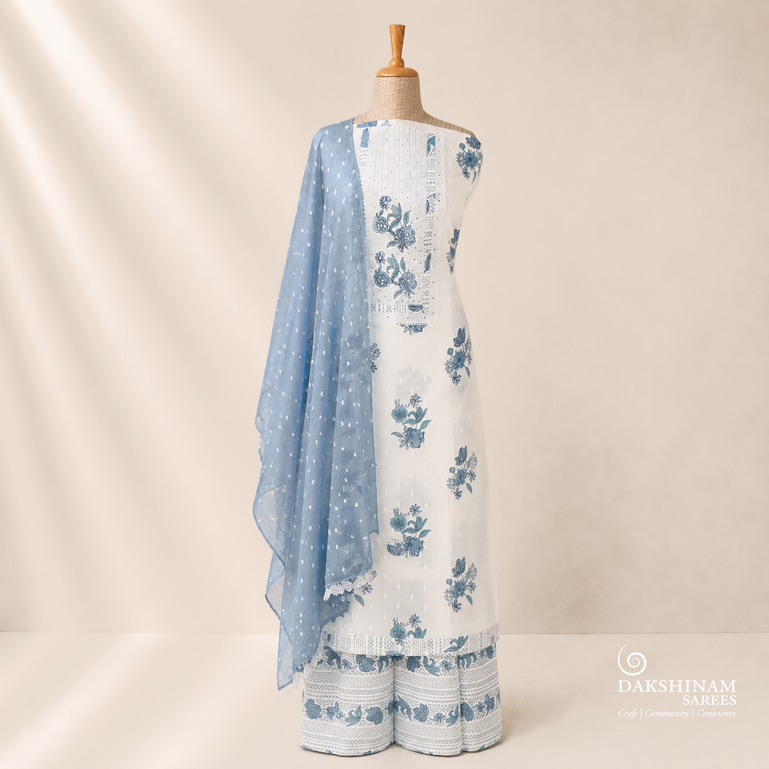 White Floral Cotton 3 Piece Suit Set with Bandhani Dupatta 45N045957DSC