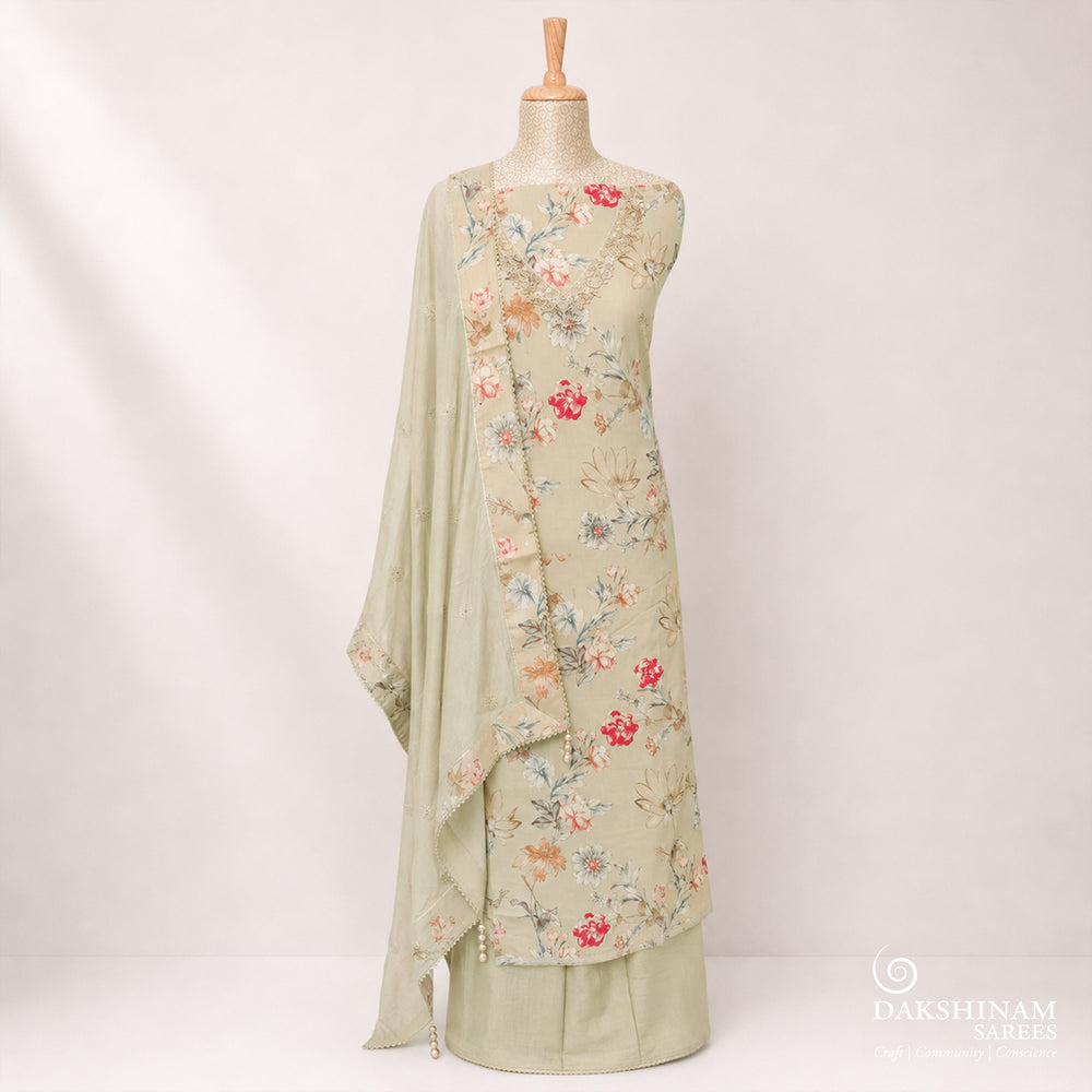Elachi green three-piece suit set with floral print, stonework and hand embroidery