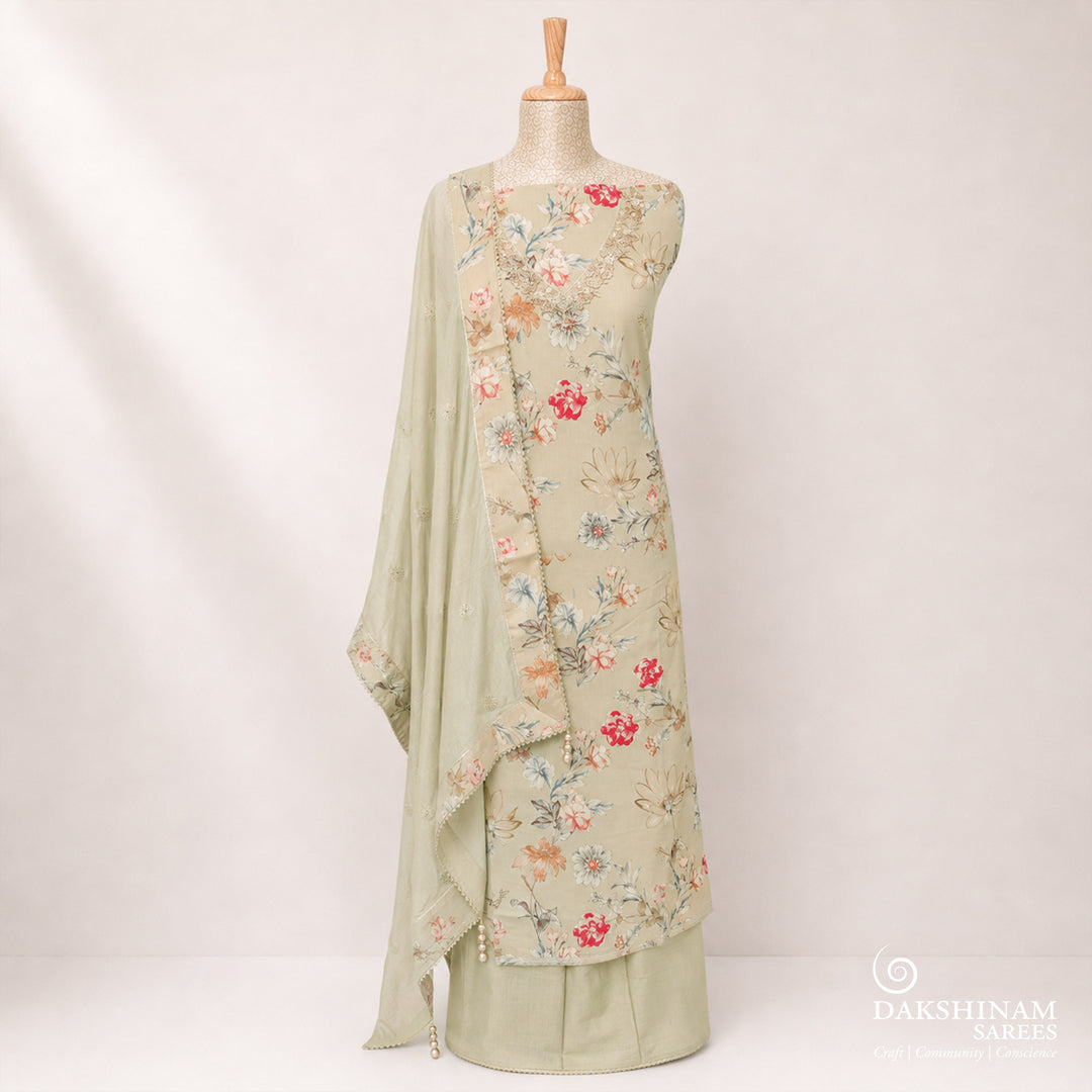 Elachi green three-piece suit set with floral print, stonework and hand embroidery