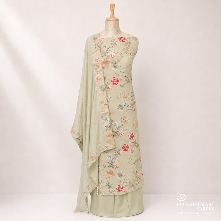 Elachi green three-piece suit set with floral print, stonework and hand embroidery