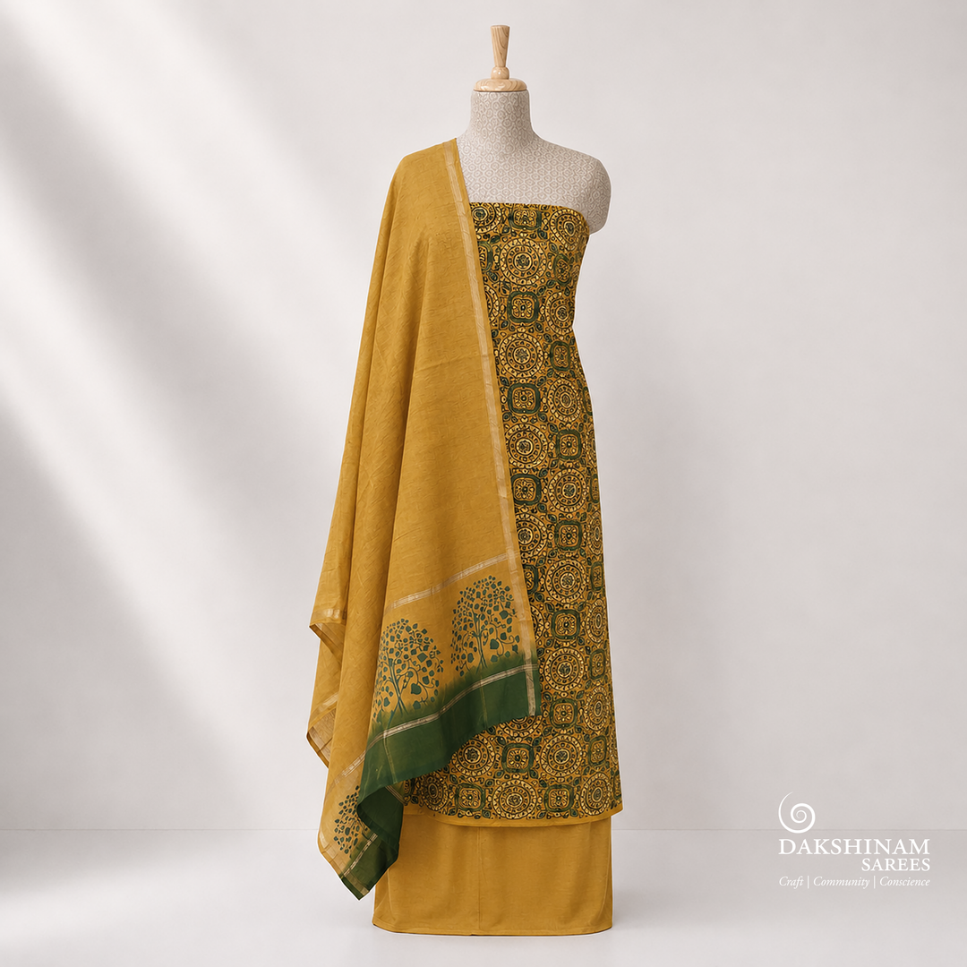 Yellow Ajrakh Printed Pure Cotton 3 Piece Suit Set with Chanderi Dupatta 20T016804DSC