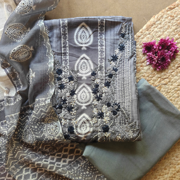 Grey cotton 3-piece suit set with embroidered neckline and matching dupatta