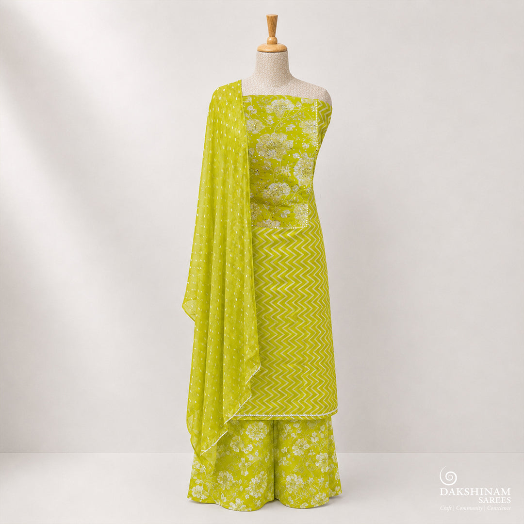 Lime Green Three-Piece Suit Set with Floral Embroidery and Bandhani Dupatta 62N046046DSC