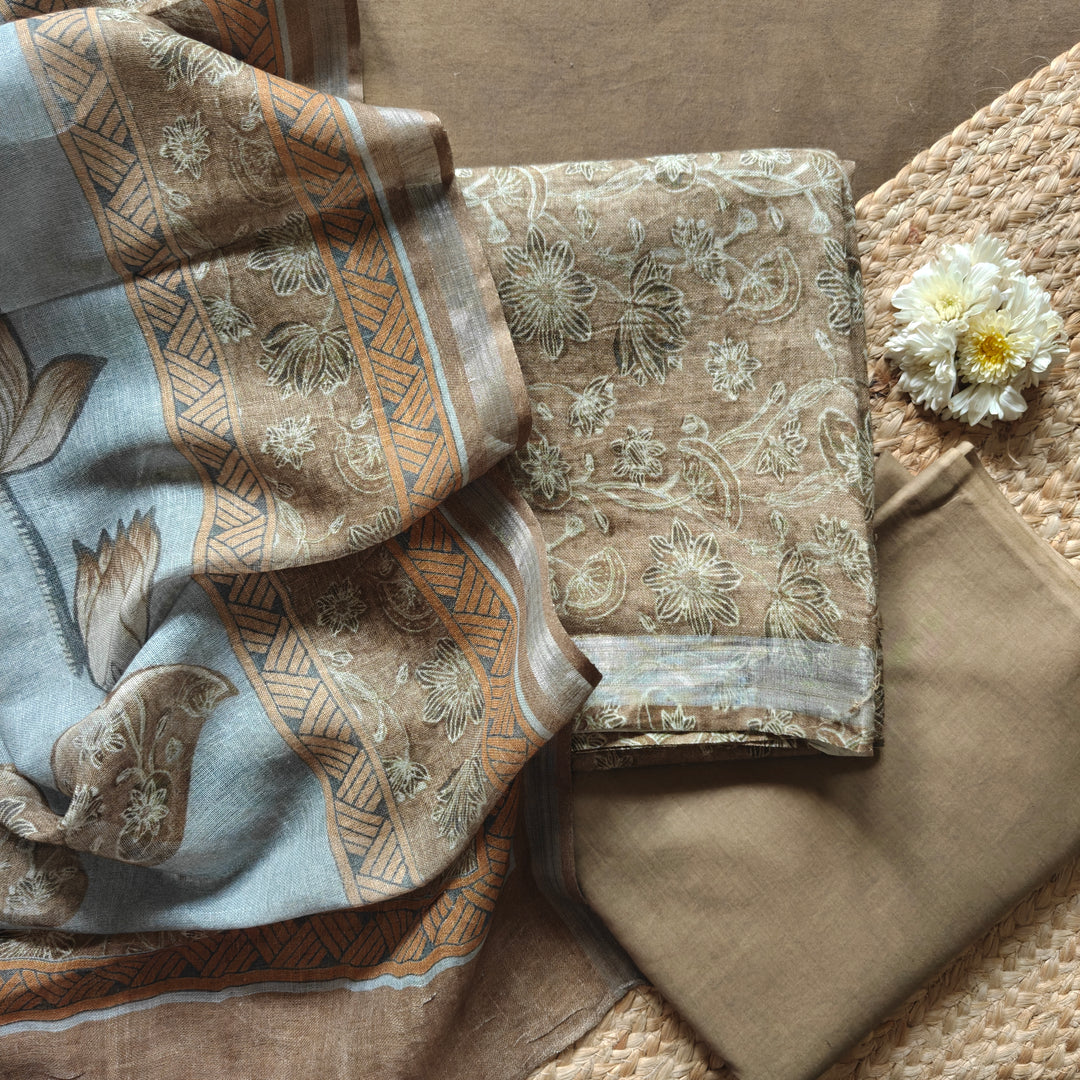 Brown Linen Floral Printed 3 Piece Suit Set with Digital Print Dupatta 34N045847DSC