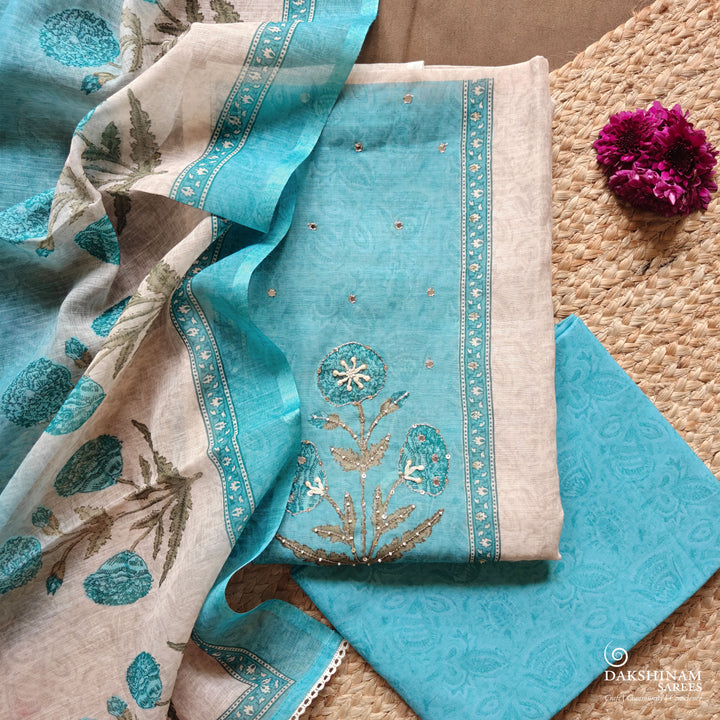 Beige and Blue Three-Piece Suit Set with Floral Embroidery and Scallop Border 65N046820DSC, N045343DSC