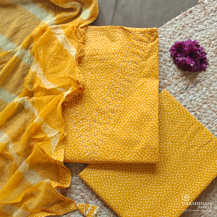 Mustard Yellow Three-Piece Suit Set with White Buttas and Leheriya Dupatta 66T015647DSC